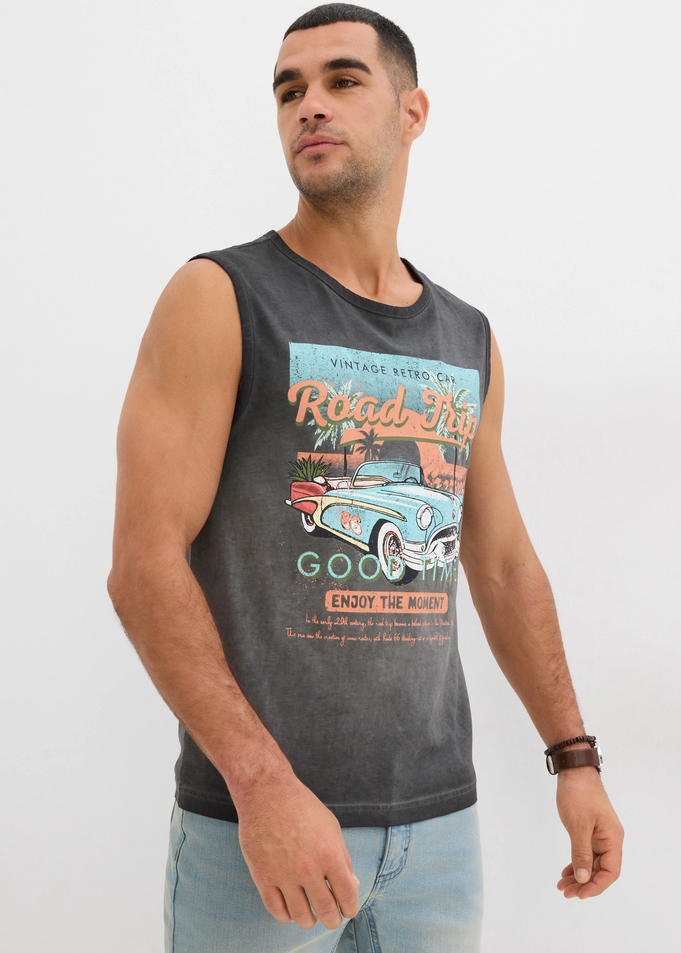 Muscle shirt in gewassen look (set van 2) • donkerolijfgroen+leisteengrijs met print • bonprix online shop