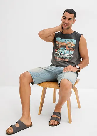 Muscle shirt in gewassen look (set van 2) • donkerolijfgroen+leisteengrijs met print • bonprix online shop