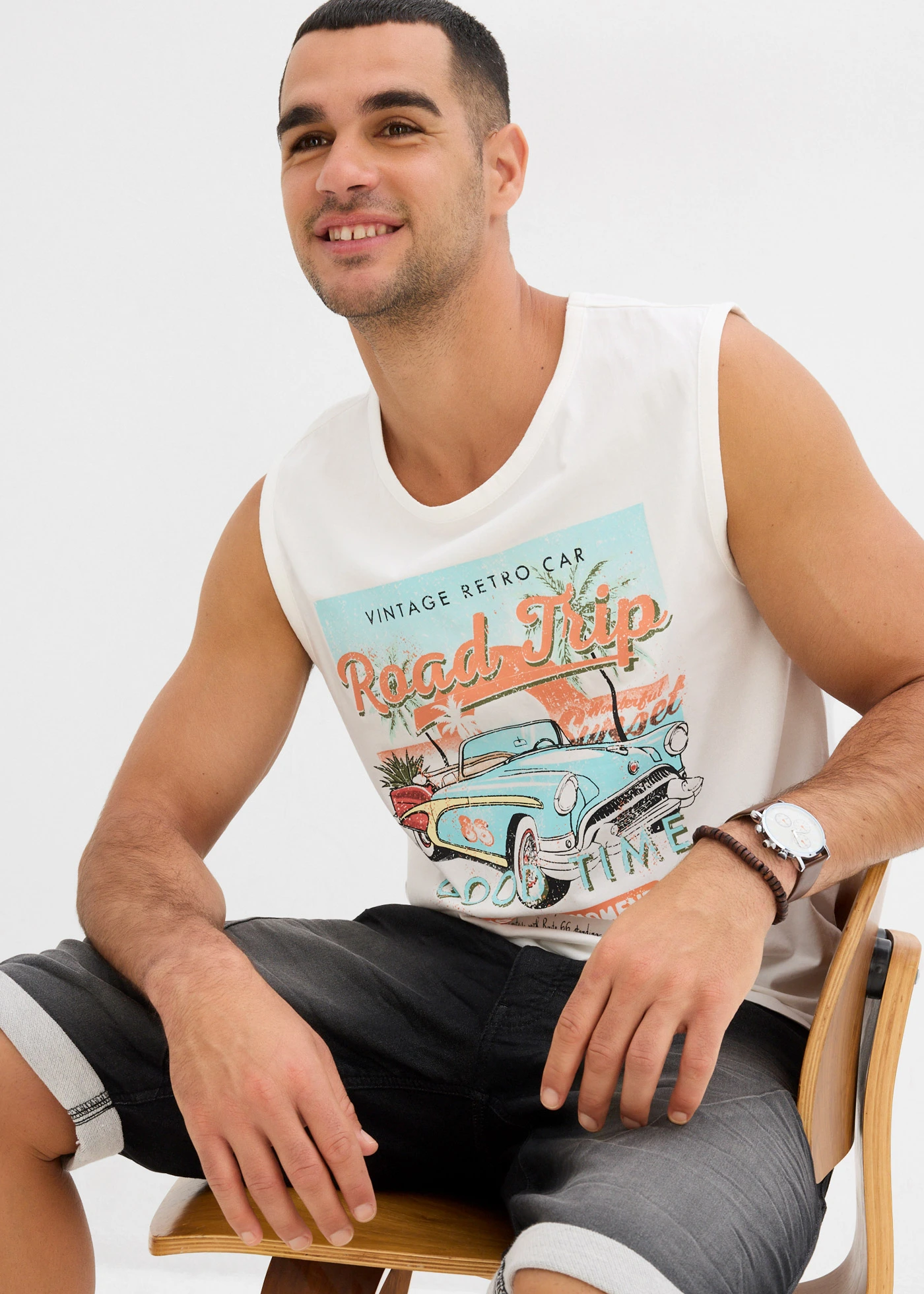 Muscle shirt in gewassen look (set van 2) • donkerblauw+wit met print • bonprix online shop