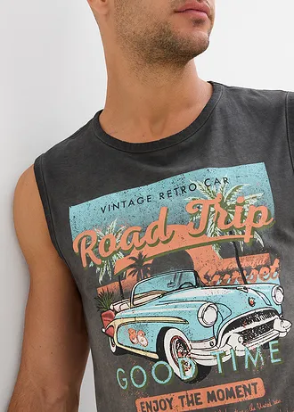 Muscle shirt in gewassen look (set van 2) • donkerolijfgroen+leisteengrijs met print • bonprix online shop