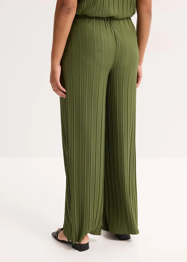 Jersey broek met plissé, Kleur: donkerkaki