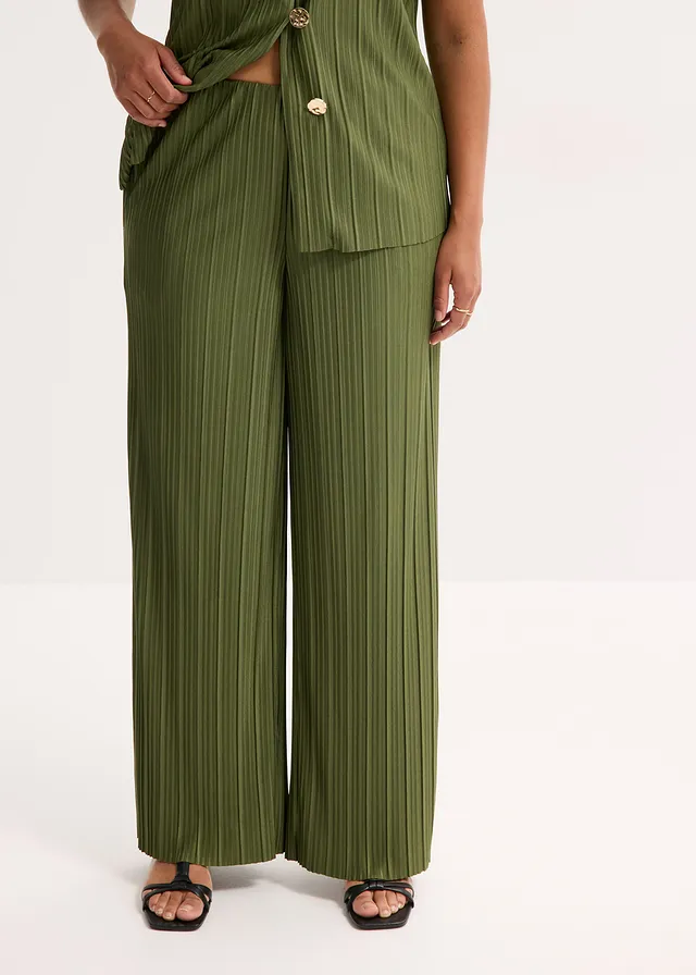 Jersey broek met plissé, Kleur: donkerkaki
