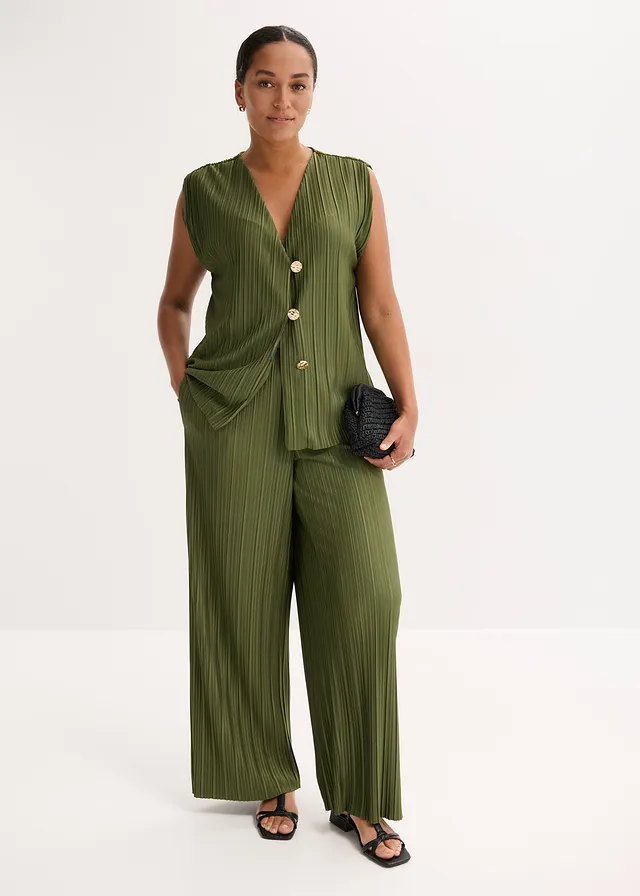 Jersey broek met plissé, Kleur: donkerkaki
