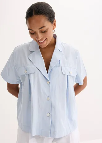 Korte popeline blouse van katoen met korte mouwen, Kleur: poederblauw