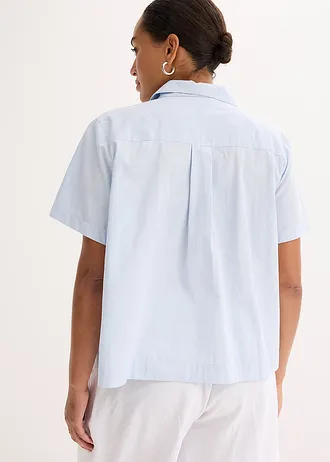 Korte popeline blouse van katoen met korte mouwen, Kleur: poederblauw