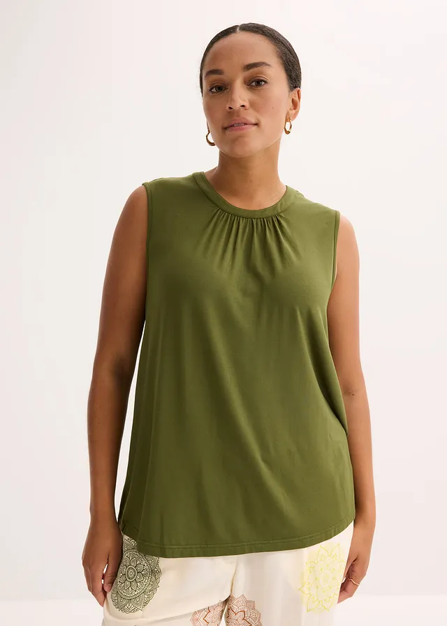 Jersey blousetop, Kleur: donkerkaki
