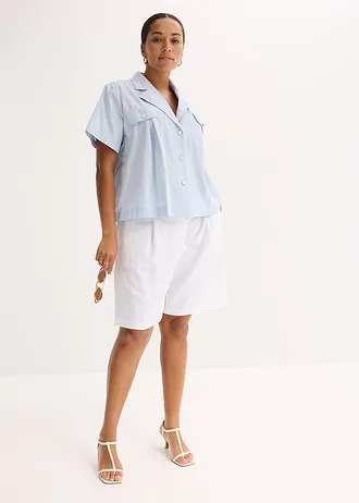 Korte popeline blouse van katoen met korte mouwen, Kleur: poederblauw