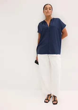 Blouse met korte mouwen en blinde knoopsluiting, Kleur: donkerblauw