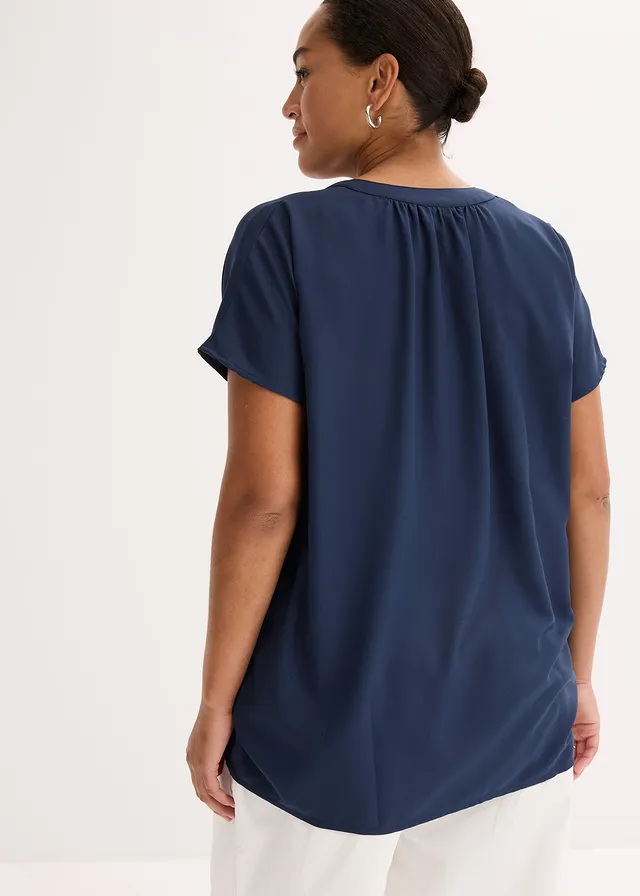 Blouse met korte mouwen en blinde knoopsluiting, Kleur: donkerblauw