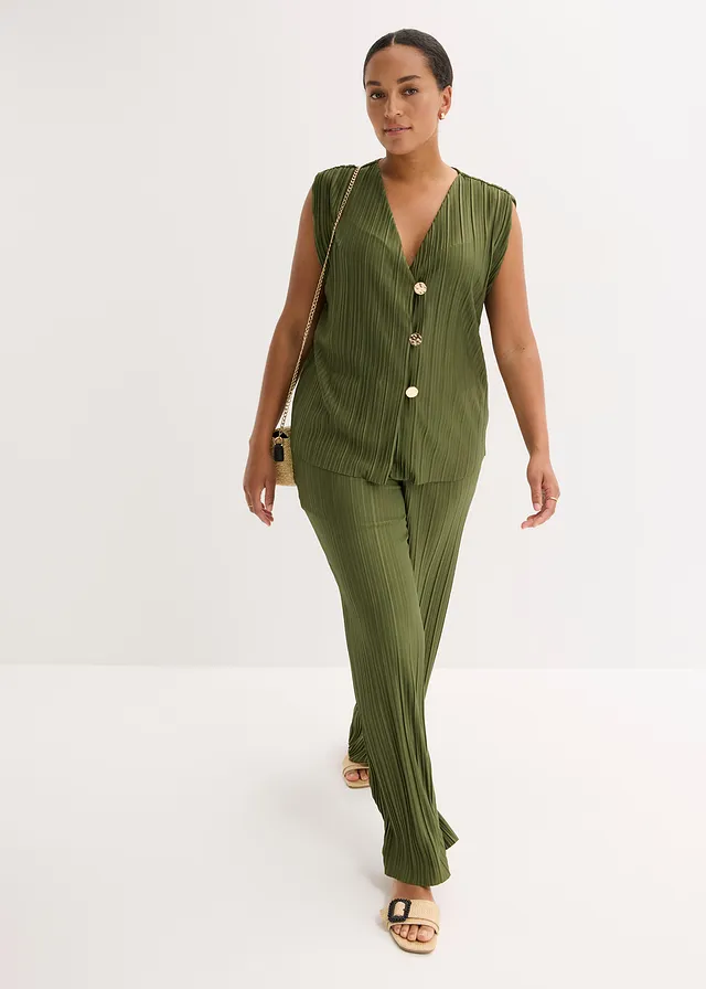 Top en matière plissée, Couleur: kaki foncé