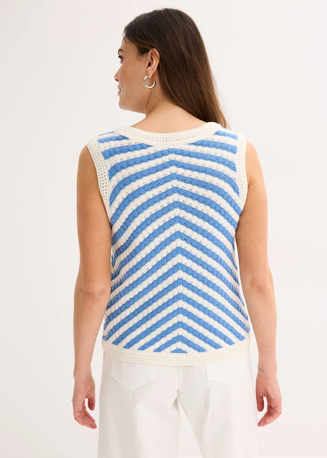 Top en maille, Couleur: bleu moyen/blanc cassé