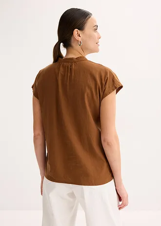 Linnen blouse in een luchtige linnenmix, Kleur: toffee