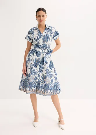 Jurk met ceintuur, Kleur: ecru-camel-mat blauw-poederblauw-donkerblauw gedessineerd