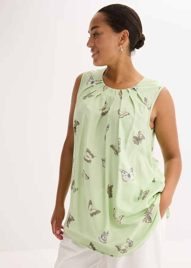 Blouse sans manches en viscose fluide, Couleur: sauge clair imprimé