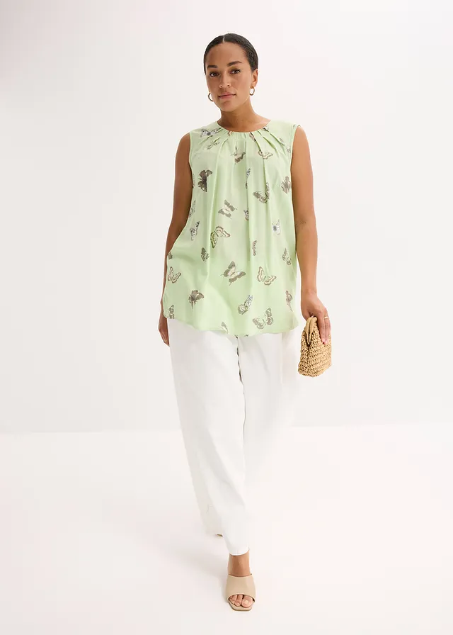 Blouse sans manches en viscose fluide, Couleur: sauge clair imprimé