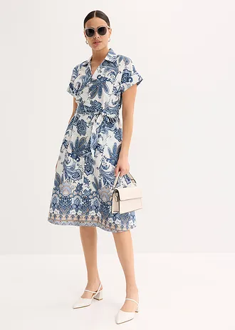 Jurk met ceintuur, Kleur: ecru-camel-mat blauw-poederblauw-donkerblauw gedessineerd