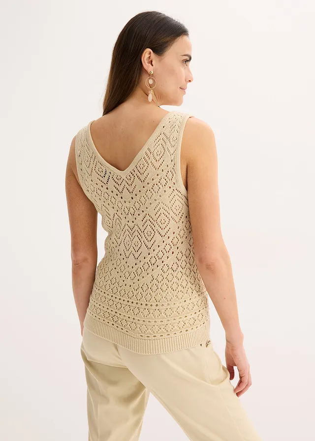 Ajour top met katoen, Kleur: lichtsand