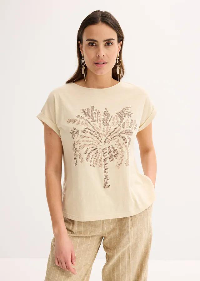 Katoenen shirt met studsapplicatie, Kleur: lichtsand met print