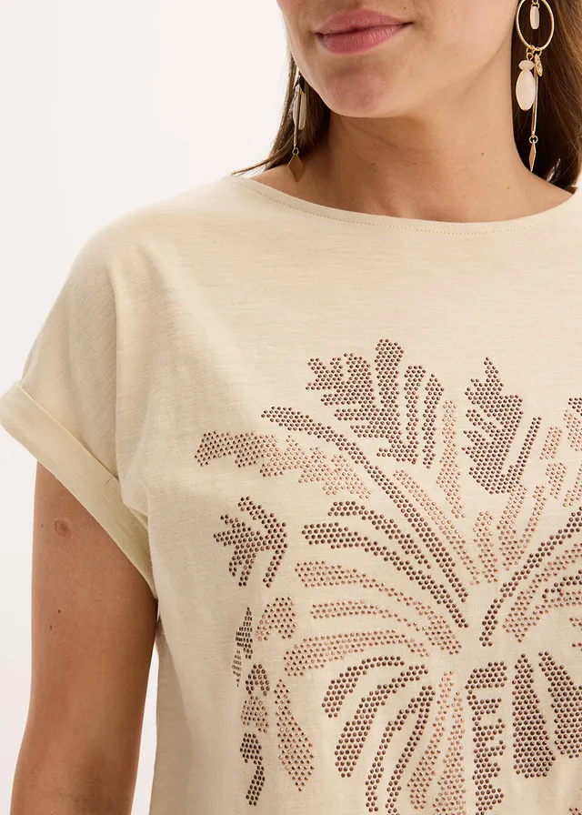 Katoenen shirt met studsapplicatie • lichtsand met print • product-page.page-title-suffix