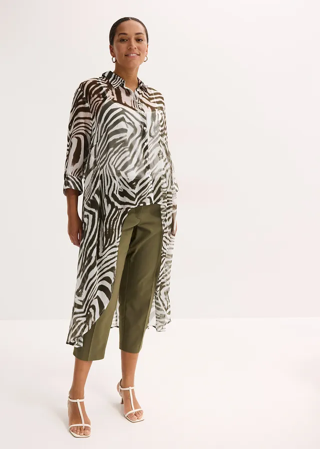 Lange chiffon blouse, Kleur: zebraprint naturel/donkerolijfgroen