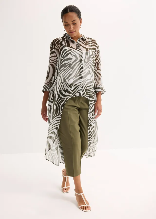 Lange chiffon blouse, Kleur: zebraprint naturel/donkerolijfgroen