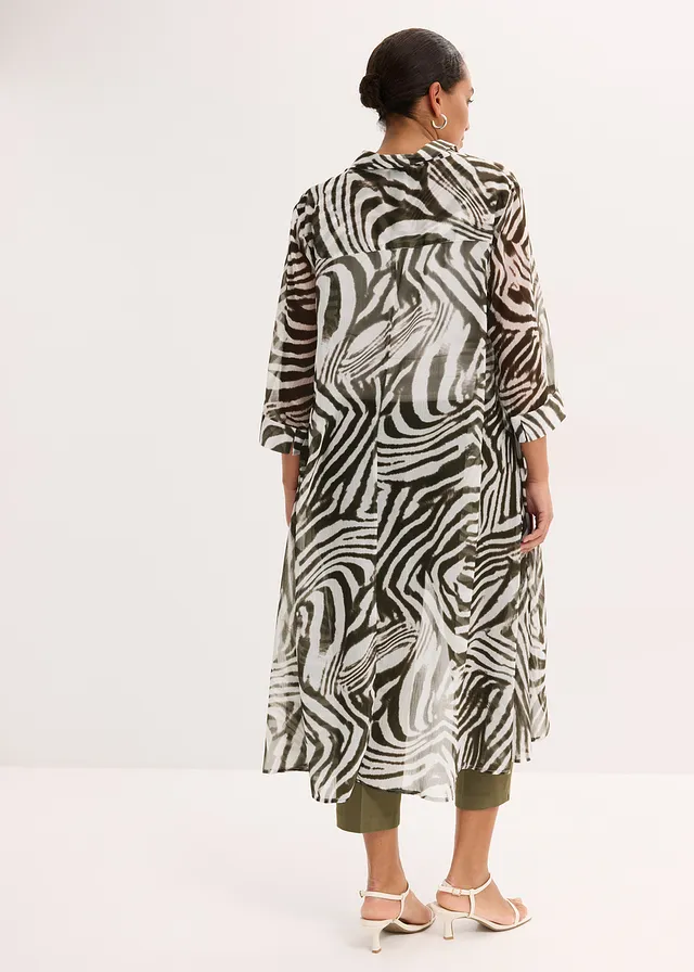 Lange chiffon blouse, Kleur: zebraprint naturel/donkerolijfgroen