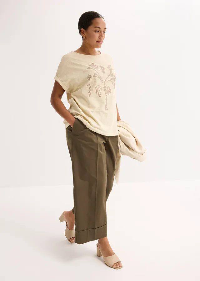 T-shirt en coton avec rivets, Couleur: sable clair imprimé