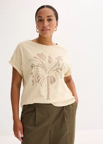 Katoenen shirt met studsapplicatie, Kleur: lichtsand met print