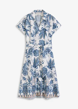 Jurk met ceintuur, Kleur: ecru-camel-mat blauw-poederblauw-donkerblauw gedessineerd