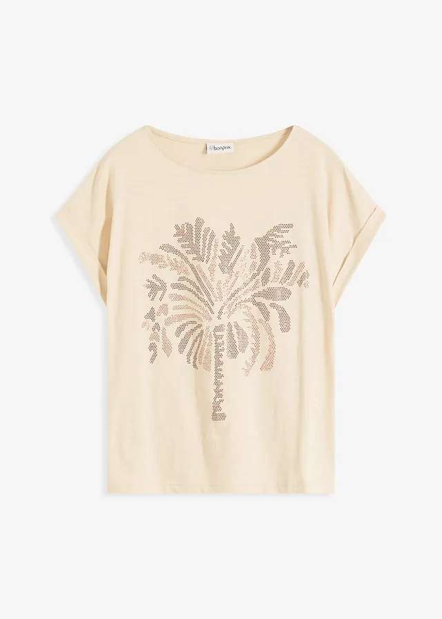 Katoenen shirt met studsapplicatie, Kleur: lichtsand met print