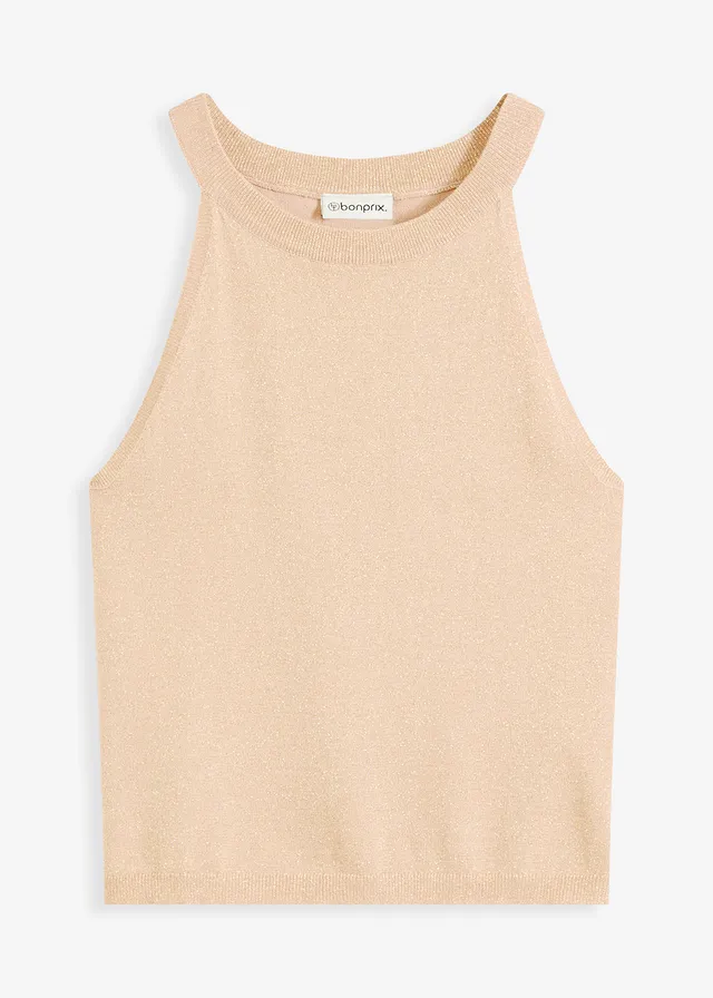 Gebreide top met metallic effect, Kleur: mat beige-goudkleur
