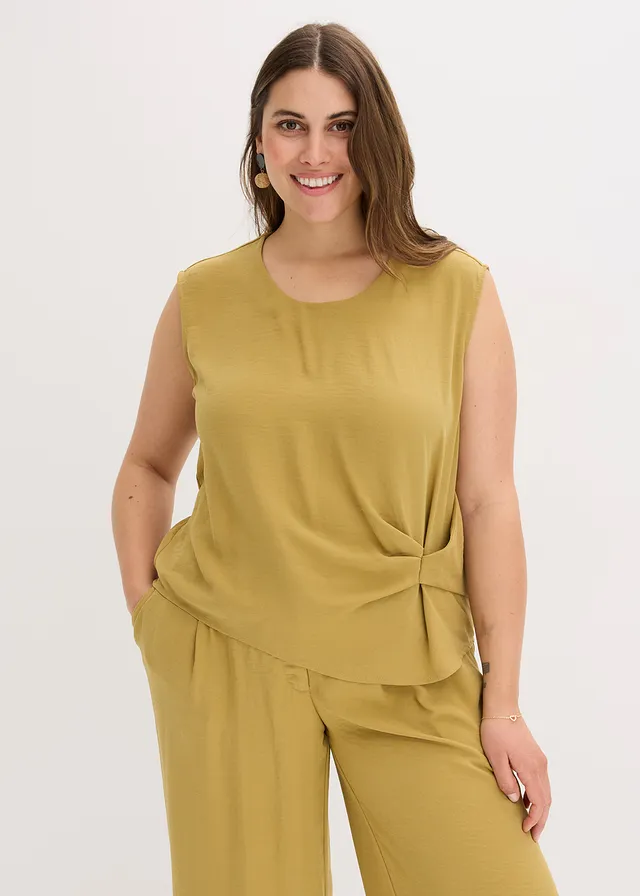Blouse sans manches nouée sur le côté, Couleur: olive mat