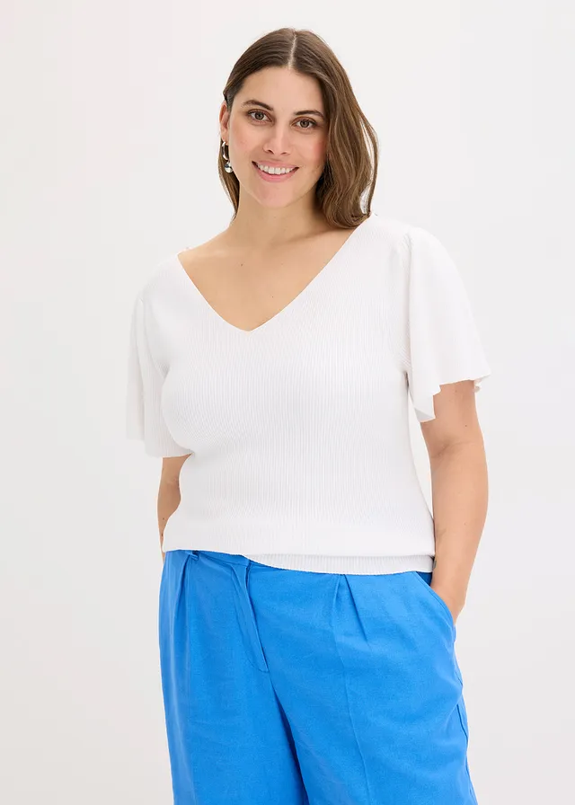 Pull côtelé en viscose mélangée, Couleur: blanc