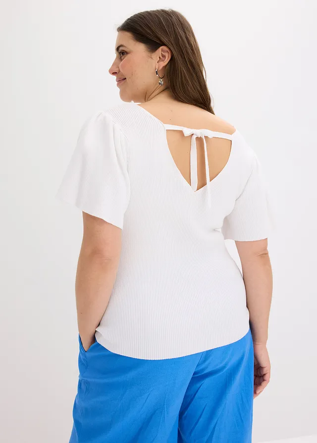 Geribd shirt met korte vleermuismouwen, Kleur: wit