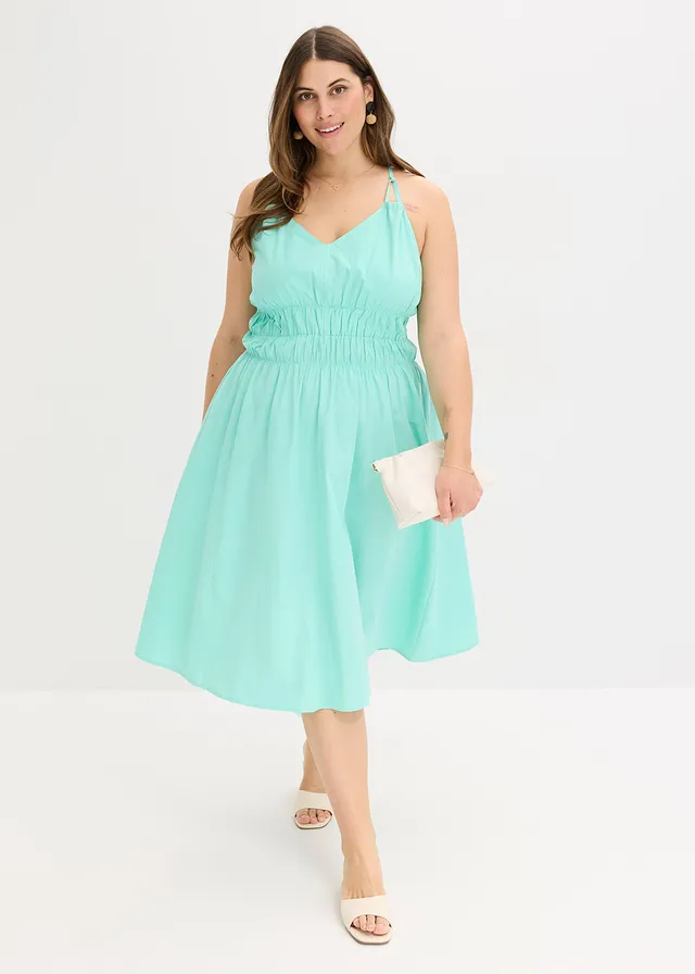 Robe midi 100% coton à fines bretelles, Couleur: bleu menthol