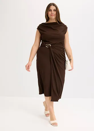 Drapované midi šaty s žebrovaným vzhledem, barva: tmavě hnědá