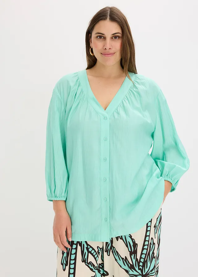 Oversized blouse in een zachte viscosemix, Kleur: mentholblauw