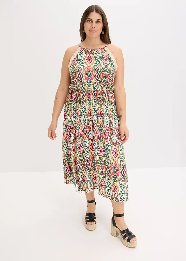 Robe midi à dentelle, Couleur: crème-vert-rose vif imprimé