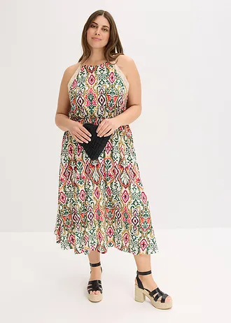 Midi jurk met kant, Kleur: crème/groen/pink gedessineerd