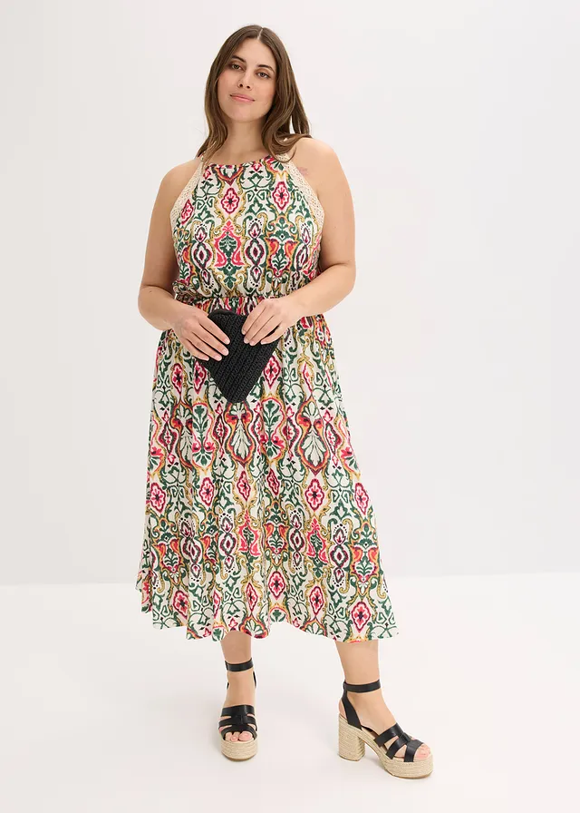 Robe midi à dentelle, Couleur: crème-vert-rose vif imprimé