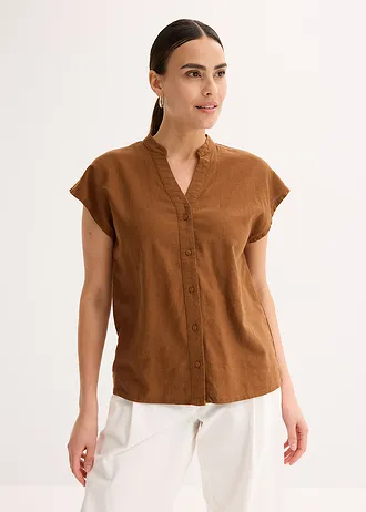 Linnen blouse in een luchtige linnenmix, Kleur: toffee