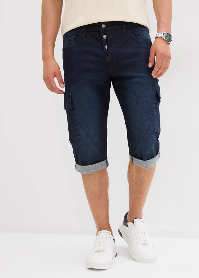 Stretch jeans cargo bermuda, regular fit, Kleur: donkerblauw denim