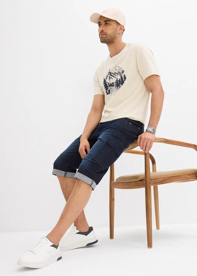 Stretch jeans cargo bermuda, regular fit, Kleur: donkerblauw denim