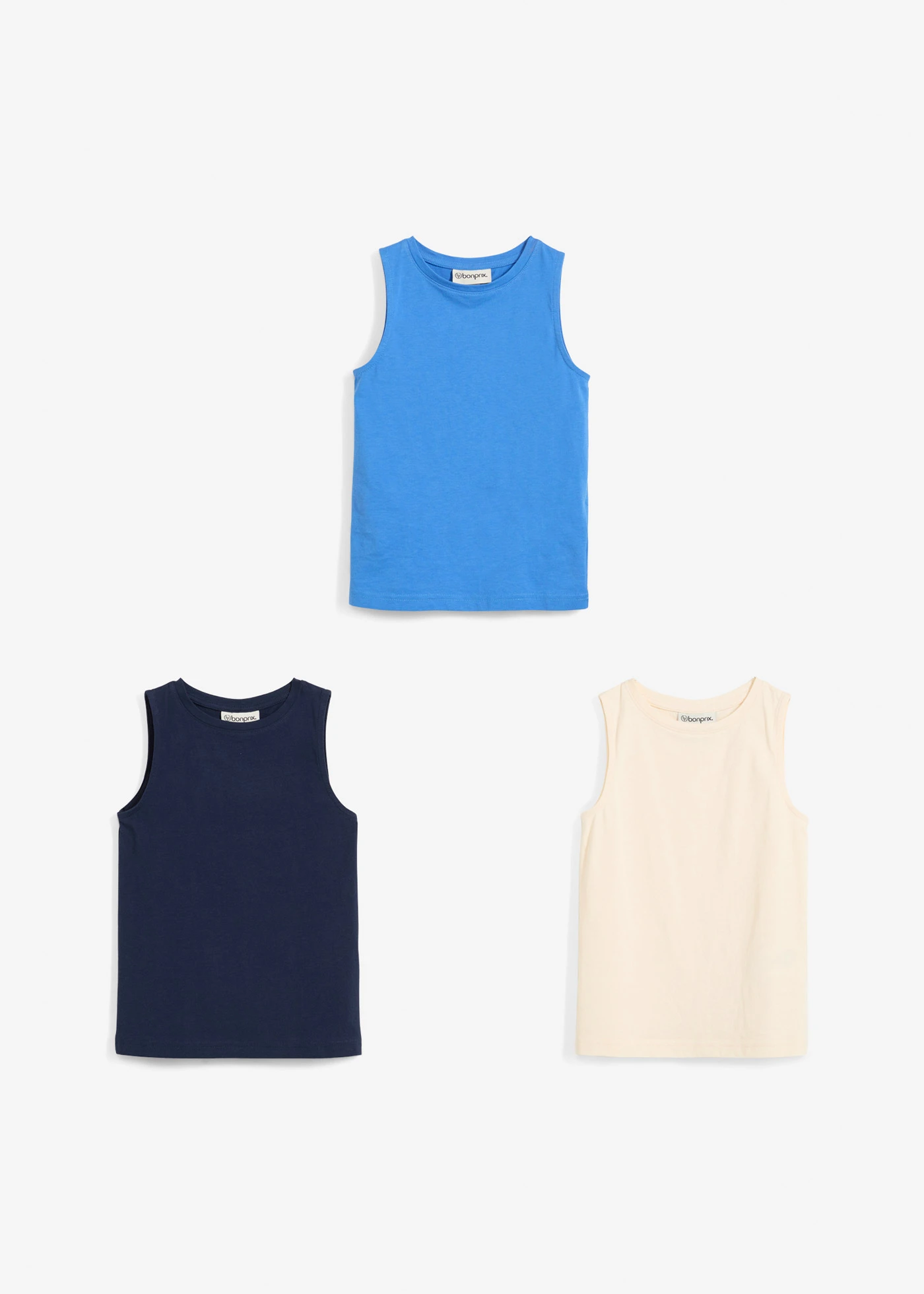 Top van puur biologisch katoen ( set van 3) • gletsjerblauw+natuurbeige+donkerblauw • bonprix online shop