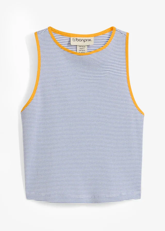 Débardeur 100% coton, Couleur: blanc/bleu mat/jaune orangé rayé