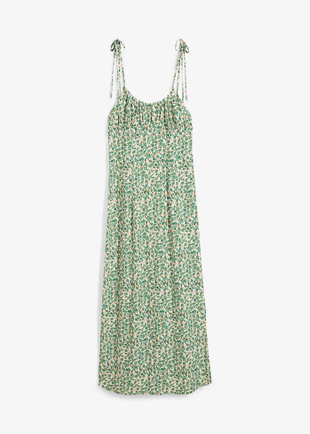 Robe à bretelles en viscose fluide, Couleur: vert lierre/crème