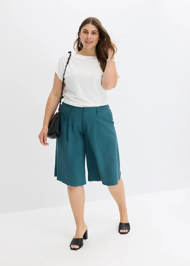 Wijde bermuda met bandplooien, Kleur: pepergroen
