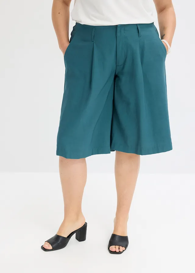 Wijde bermuda met bandplooien, Kleur: pepergroen