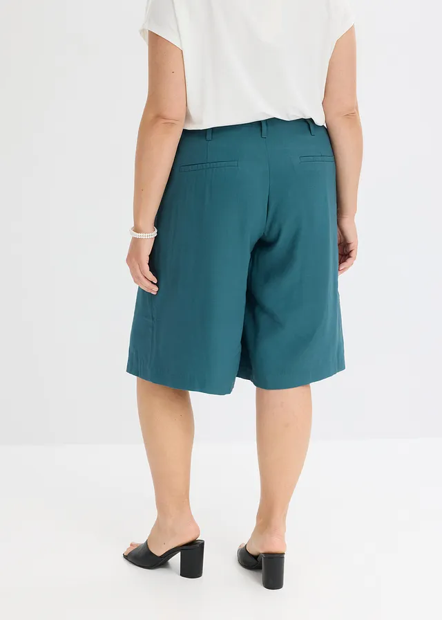 Wijde bermuda met bandplooien, Kleur: pepergroen