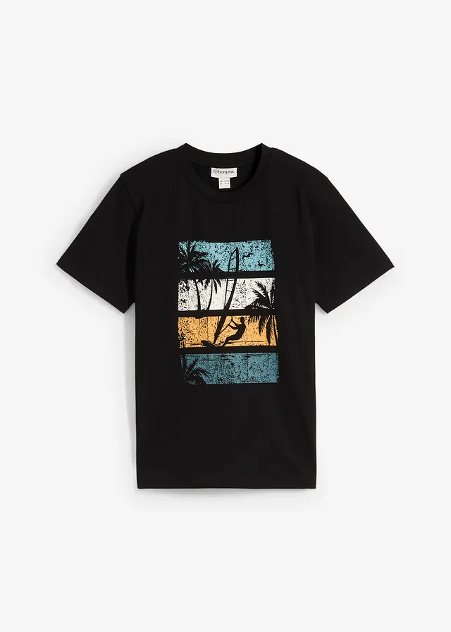 T-shirt, Kleur: zwart-pepergroen-mineraalblauw-lichtgeel-honingkleur met print
